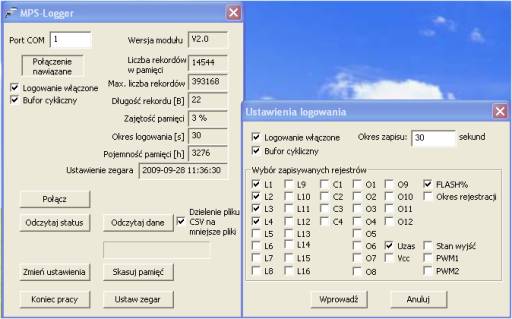 Gwne okna programu MPS-Logger do konfiguracji rejestratora